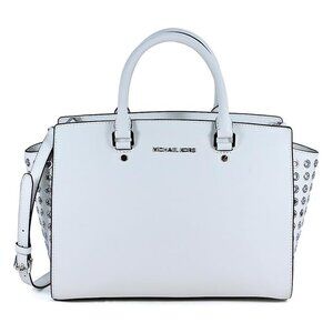 Michael Kors Selma Large Leather Zip Grommet Satchel Handbag Bag White Purse NEW